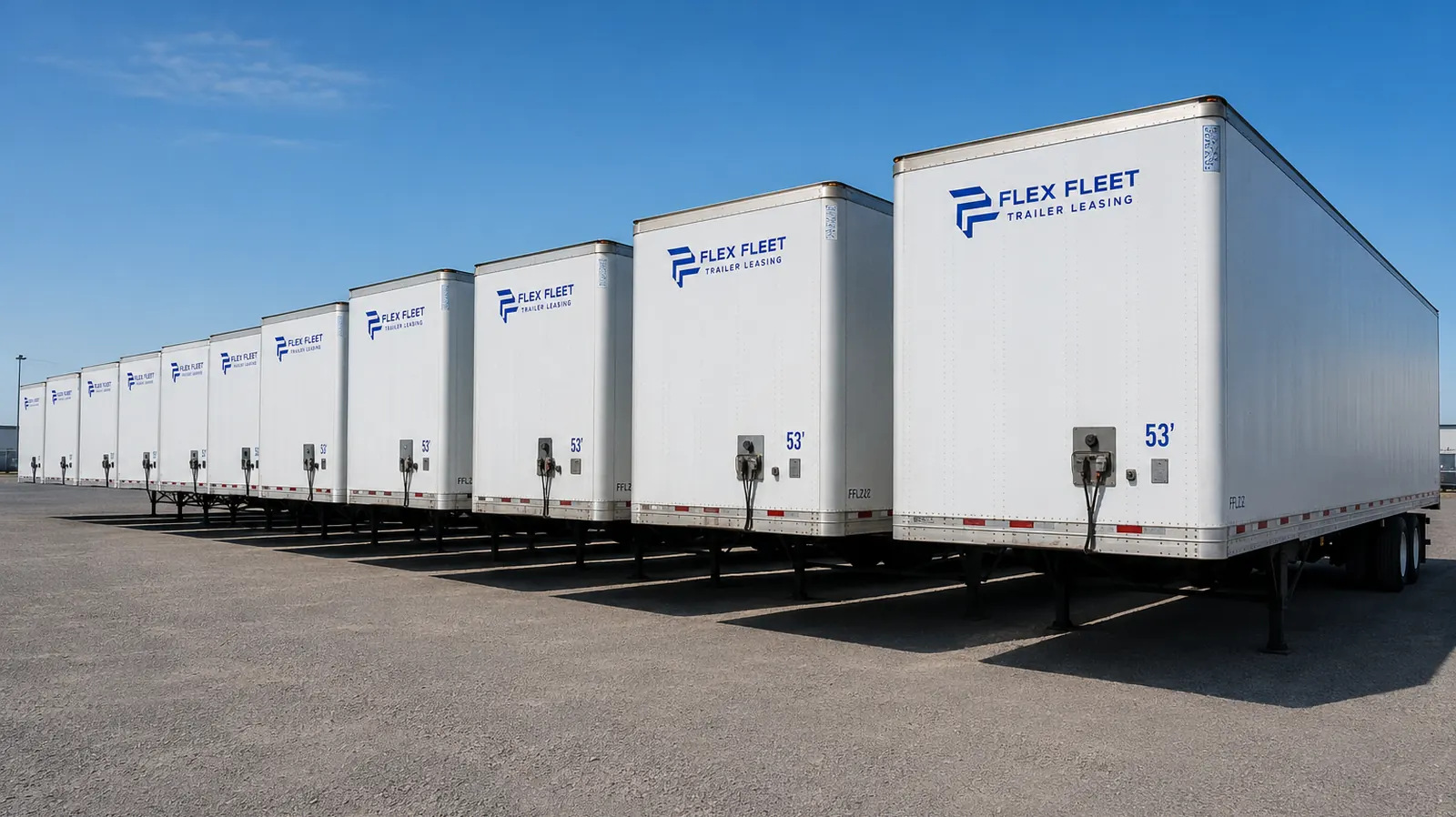A row of Flex Fleet 53-foot dry van trailers in the Perris, California yard